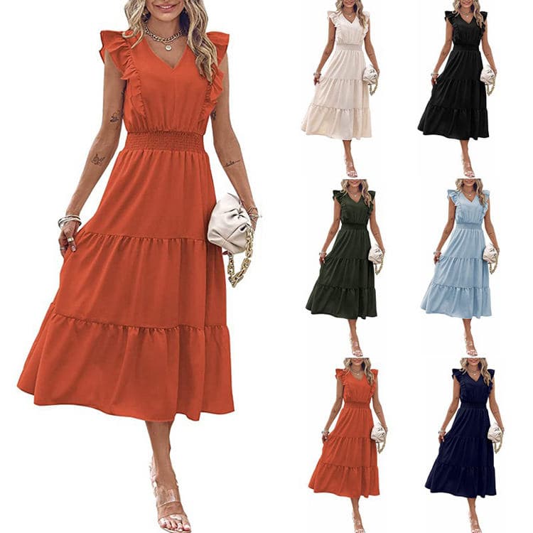 Hot Sale Solid Color Dress Sleeveless V-neck Waist Pleated Dress