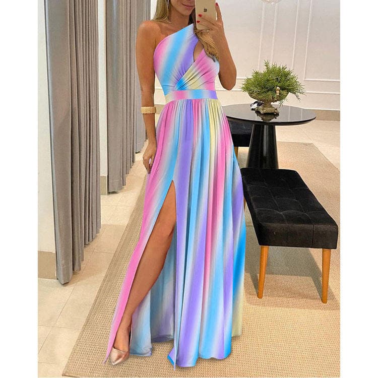 High Quality Popular Printed Women Casual Dress Solid One Shoulder Hollow Out Ladies Dress High Waist Sexy Split Long Dress