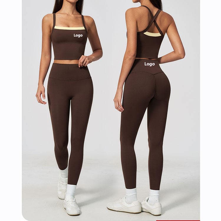Brushed Nylon Spandex Nake Feeling Workout Set Block Color Cross Back Top and High Waist Legging Yoga Set