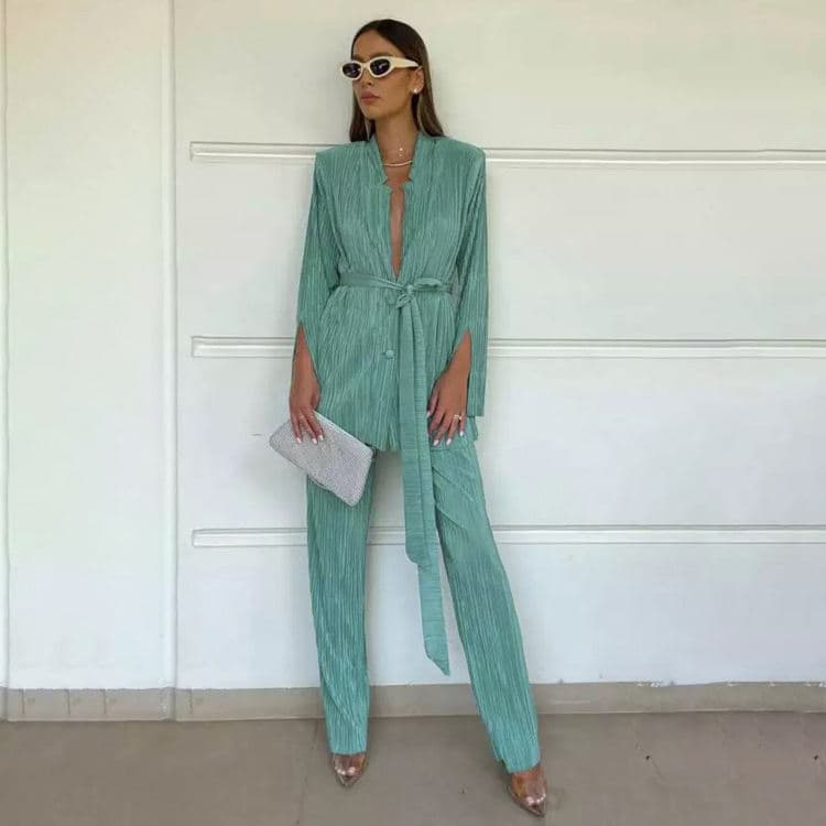 2023 New Spring Fashion Suit Split Sleeve Lace up Shirt Pleated Pants Two Piece Women Suit