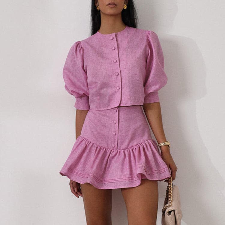 Wenshuo Short Sleeve Lantern Sleeve Top Wholesale Button Ruffled Mini Skirt Custom logo Simple Dress Set Factory Directly