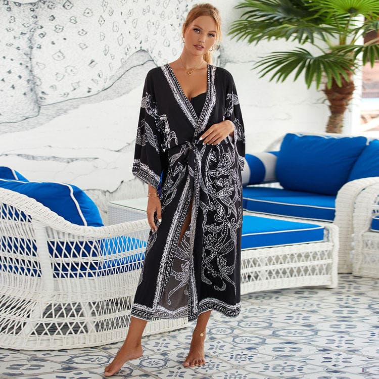 New Printed Cardigan Matching Belt Beach Wear Cover up Long Sleeve Loose Lightweight Blouse