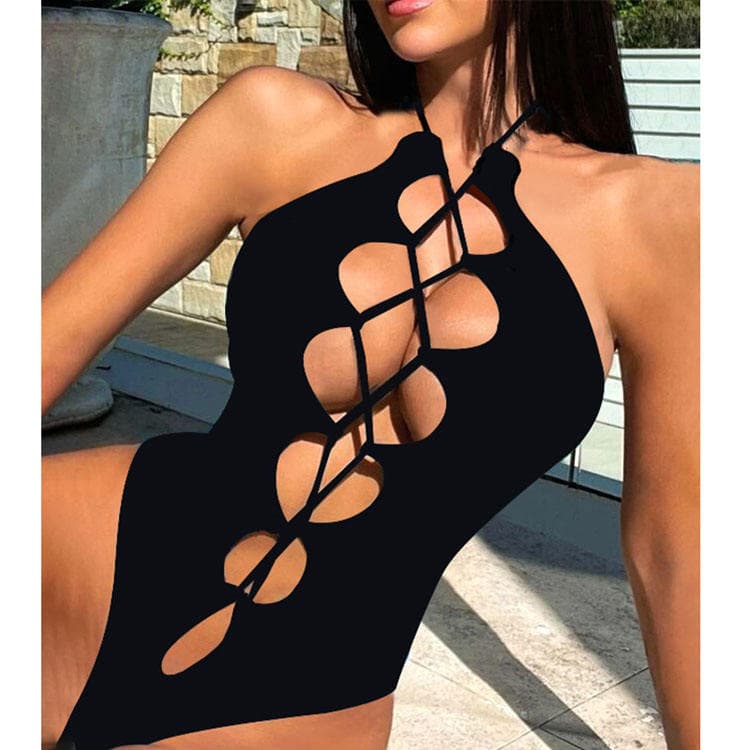 New High Waist Bikini Hollow Strap Sexy One Piece Swimsuit Black Swimwear for Women