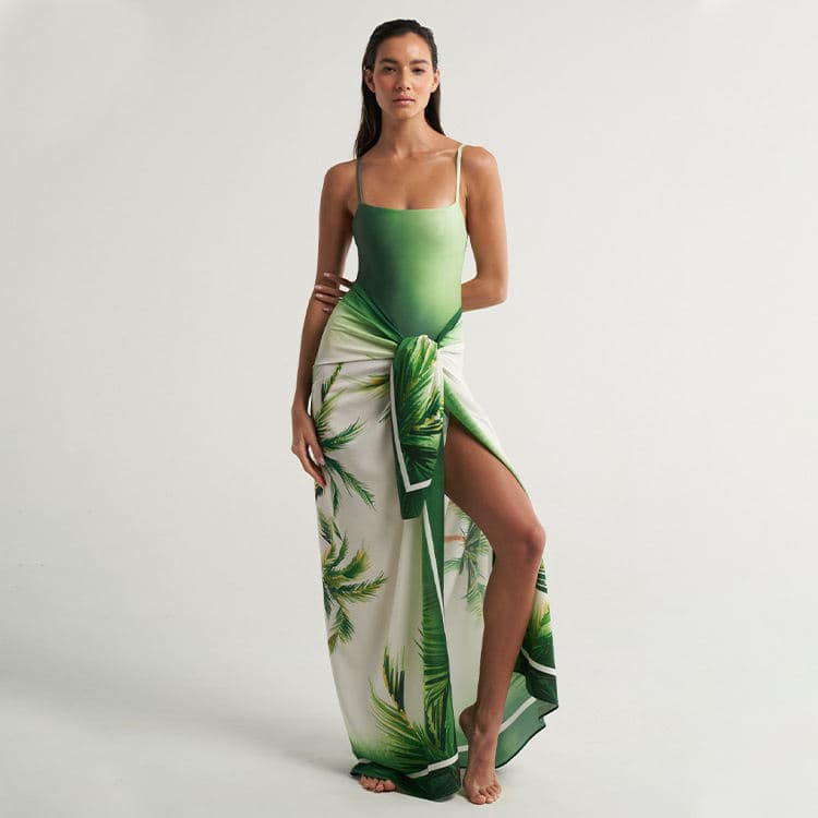 New Green Gradient Bikini Vacation Orange One Piece Swimsuit Set