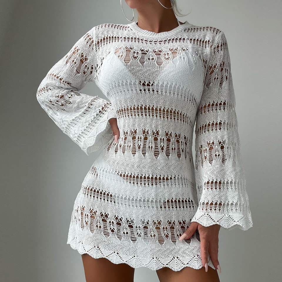 Lace Hollow Waisted Knitted Clothing Crew Neck Beach Short Dress Custom logo Solid Color Bikini Cover Ups Factory Directly