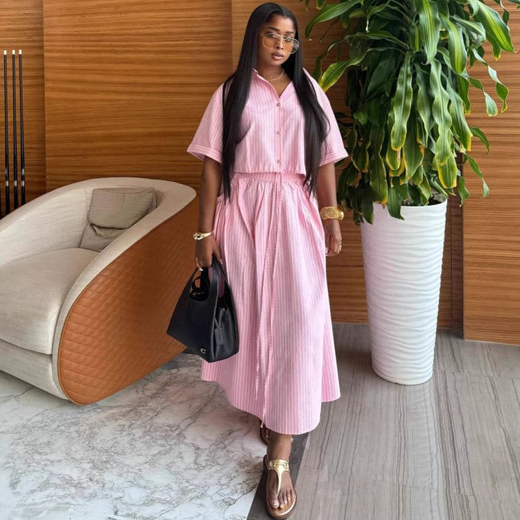 Pink African Print Two Piece Set Lapel Short Sleeve Shirt and High Waist Tie Wrap Skirt with Pockets