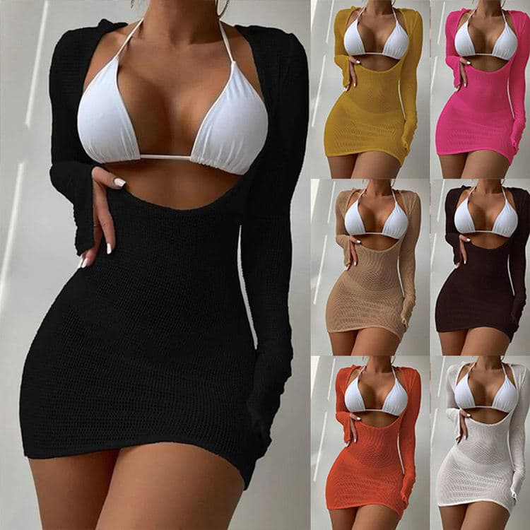 2025 Wholesale High Quality Cheap Swimsuit 3 Piece Sun Protection Bikini With Knit Cover Dress