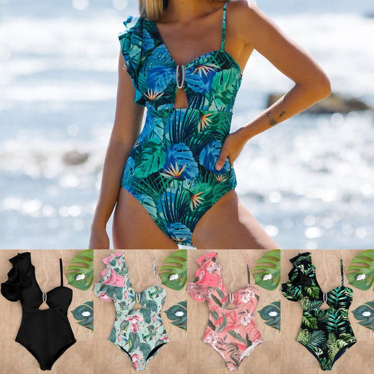 2025 New One Piece Swimsuit Women One Shoulder Ruffle Printed Swimsuit