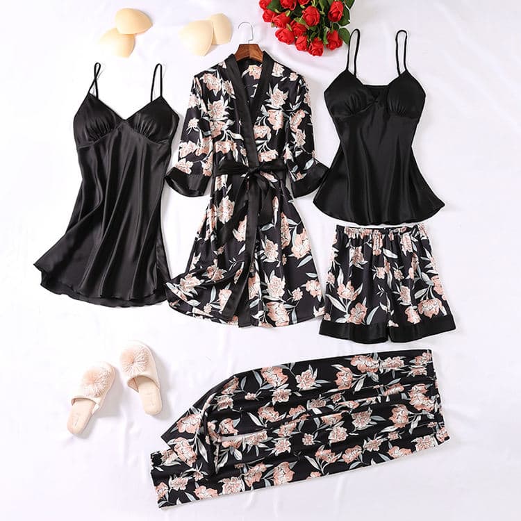 Womens 5 Piece Pajamas Set Flower Printing Sleepwear Robe Nightdress Pajama Pants Casual Pajamas Set