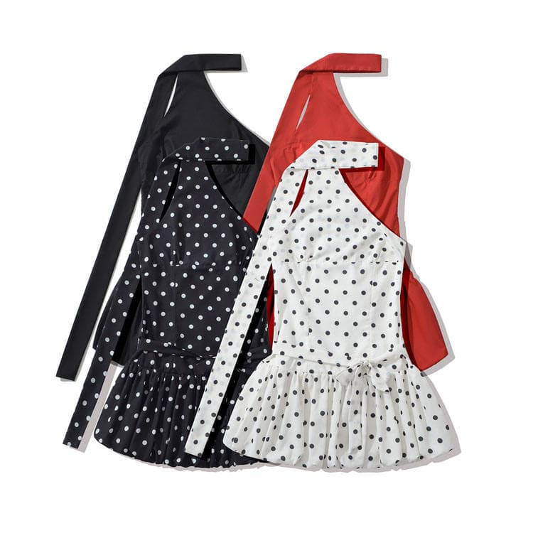 2026 Casual Polka Dot Print Dress Women Sexy Halter Neck Mini Dress Lady Ruffled Solid Color Dress Wholesale