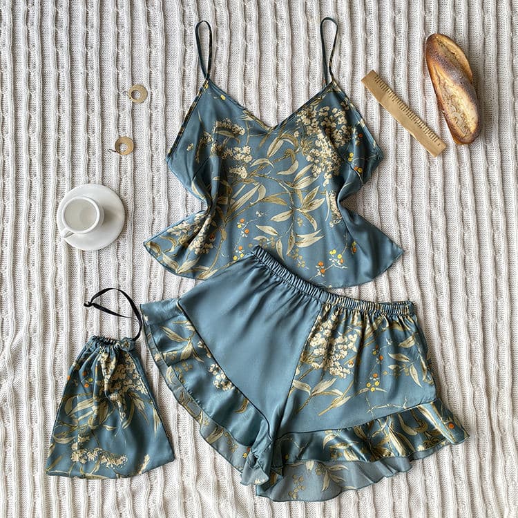 Summer Silk Fashion Printed Short Pajamas Two Piece Set Homewear Sexy Suspender Set