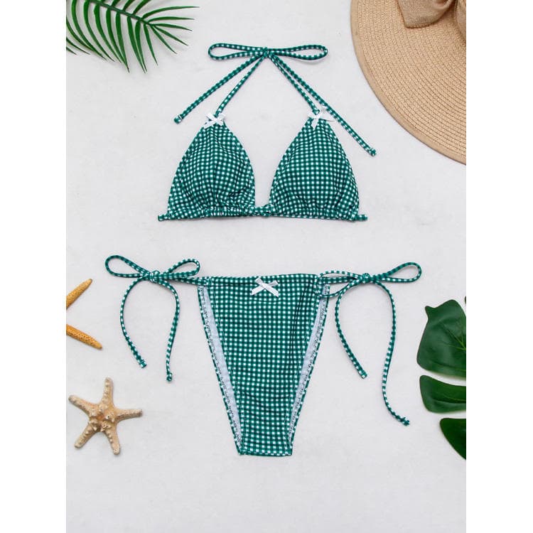 New Sweet Style Girls Swimwear Bow Tie Floral Plaid Bikini Triangle Bandage Swimsuit