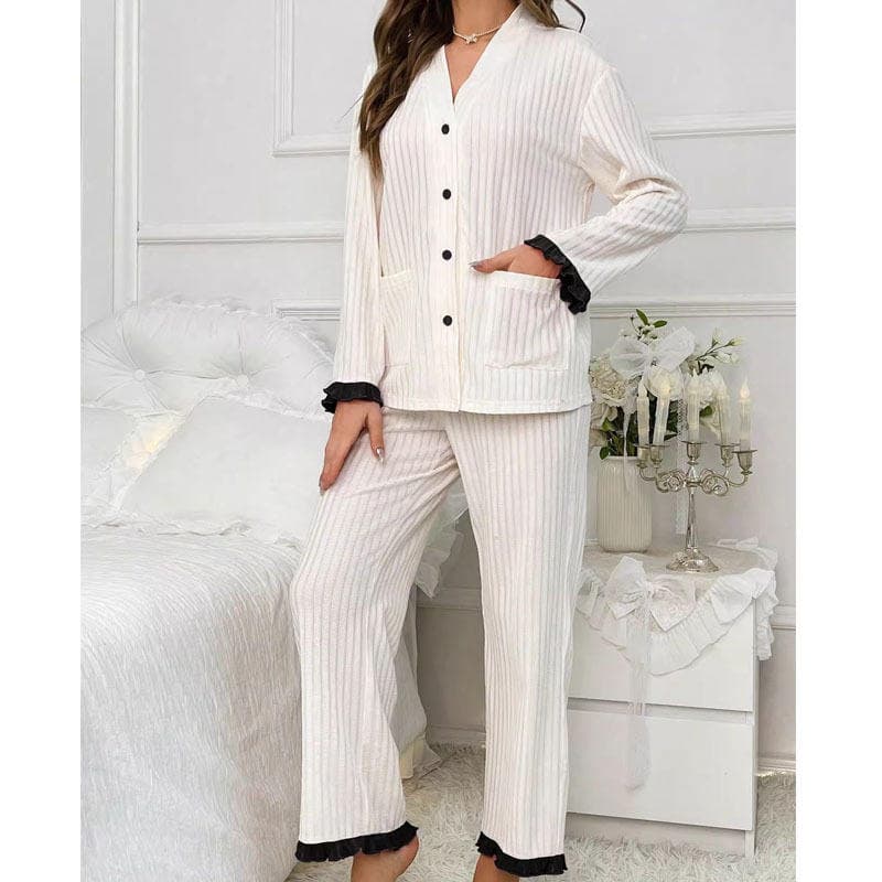 V Neck Long Sleeved Shirt Manufacturer Pure Color Ruffled Pajamas Two Piece Trousers Factory Directly