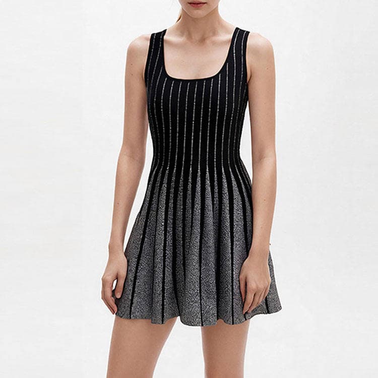 Wenshuo Elegant Summer square Neck Sleeveless Jacquard Mini Dress Color Blocking Stripe Knit Dress Women Casual Dress