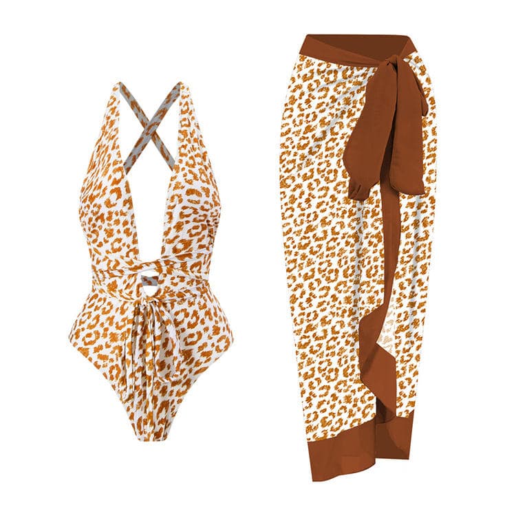 Custom logo Two Piece Swimsuit Women Deep V-belt Chiffon Skirt Suit Leopard Print Swimsuit