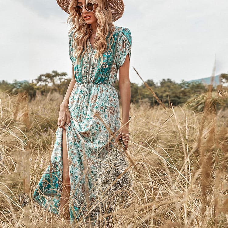 Spring New High Waist Round Neck Green Print Single Breasted Pullover Short Sleeve Long Ladies Dress