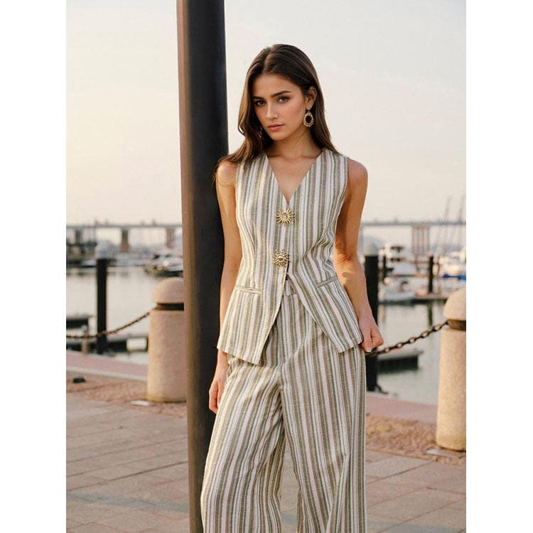 Wenshuo Striped Sleevelessx Vest Wholesale Loose Trousers Custom logo Casual Work Suit Factory Directly