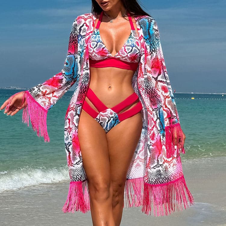 2024 Long Cover up Sexy New Bikini Three Piece Set Tassel Floral Print Miami Luxury Swimwear
