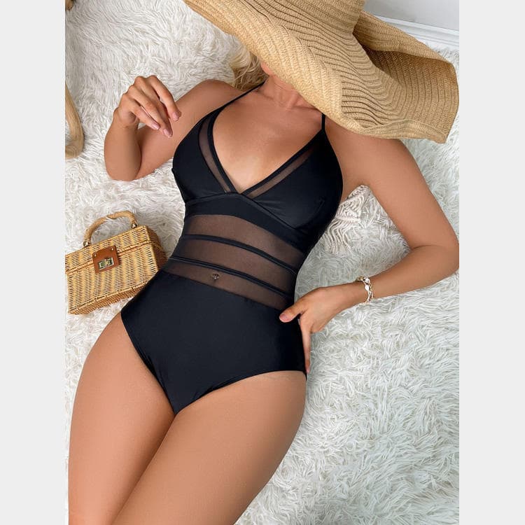 Sexy Women's Gauze High Waist Backless Bikini One Piece Swimsuit Black Bikini