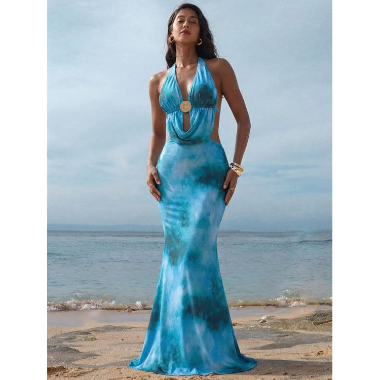 Wenshuo Halter Beach Dress Wholesale Sexy Summer Dress Custom logo Backless Dress Set Factory Directly