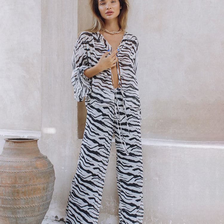 New Summer Fashion zebra Print Lace up Shirt Top Two Piece Wide Leg Pants Set