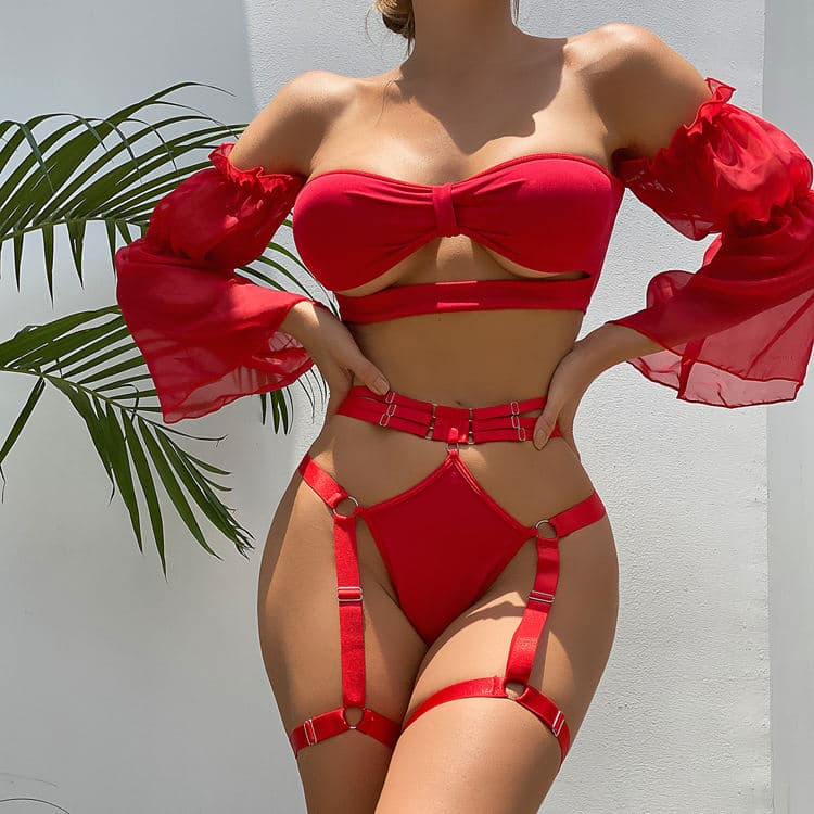 Sunshine Girl Gorgeous Mesh Sexy Lingerie Women Stitching 3 Piece Lingerie Set Sexy