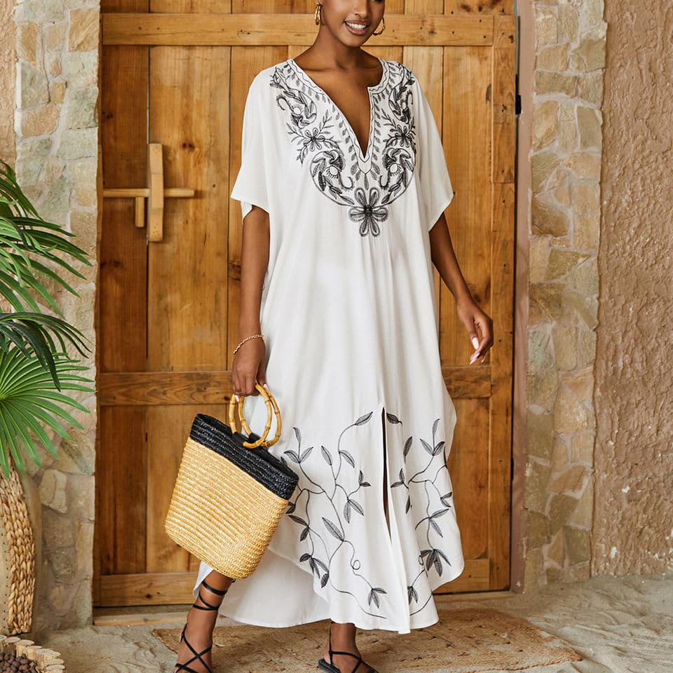 Beach Cover-Up Cotton Gold Embroidered Lace Belt Kaftan Vacation Long Dress