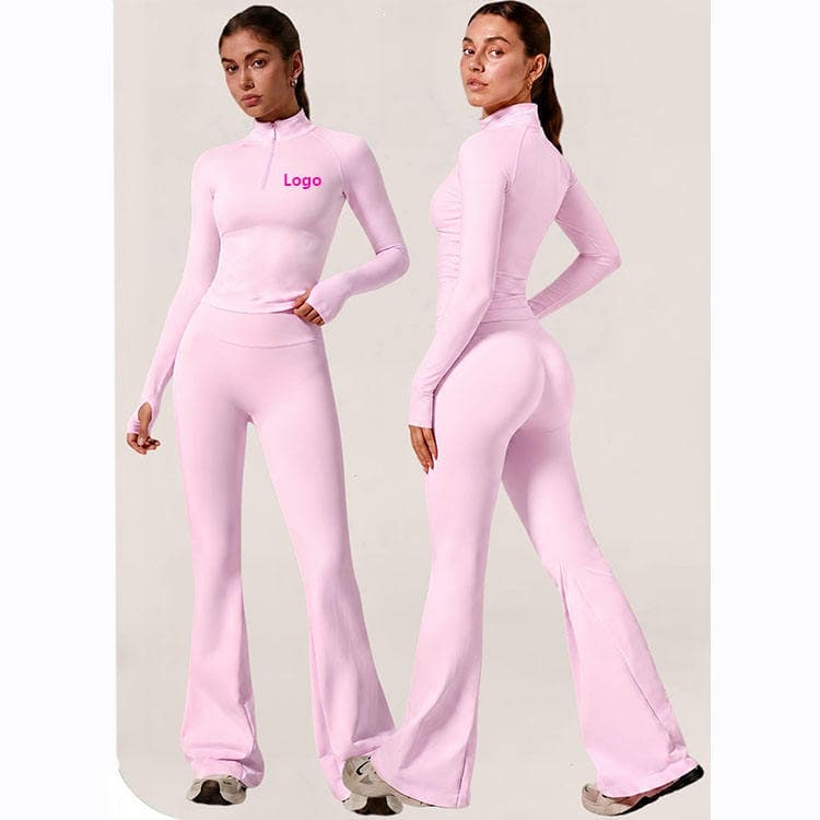 90 Nylon 10 Spandex Seamless Activewear Zipper Stand Neck and Flare Pants 2 Piece Elastic Fitness Yoga Set