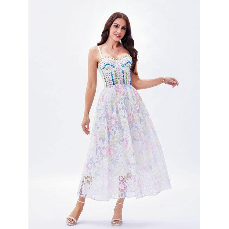 2024 New French Romantic Sterling Flower Beaded Sheath Waist Dress Women Sexy Halter Long Dress