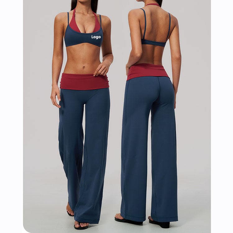 Nylon Spandex Brushed Quick Drying Workout Set 2 in 1 Bra and Wide Leg Pants Block Color Yoga Set