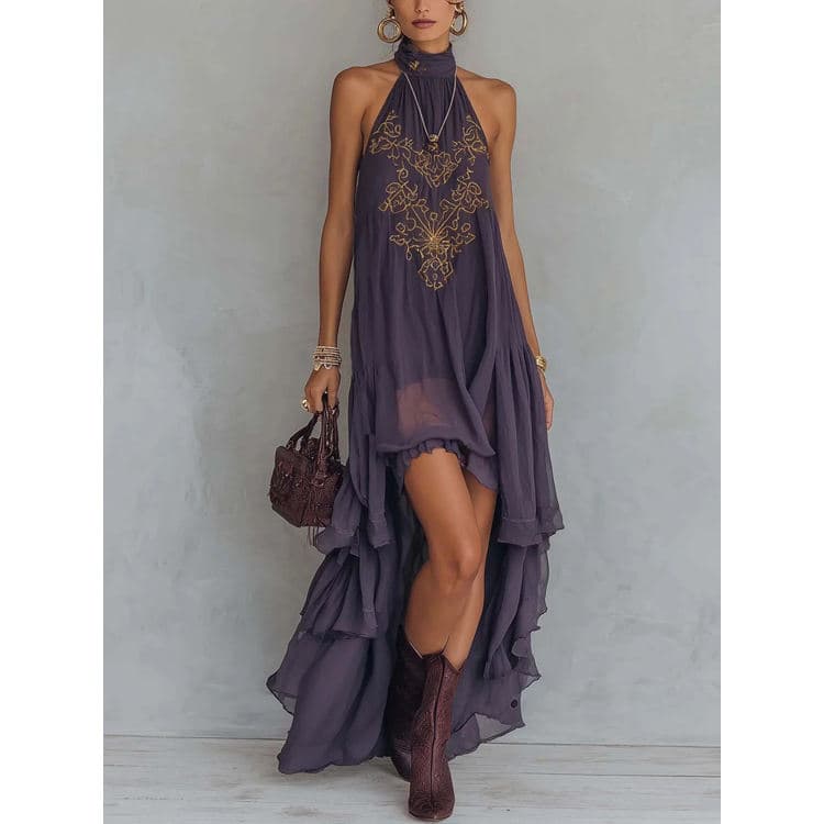 Wenshuo Embroidered Floral Dress Wholesale Casual Ruffle Dress Custom logo Mesh Halter Dress Factory Directly