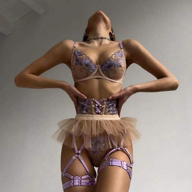 New Heavy Industry Embroidered Mesh Mini Skirt Four Piece Sexy Underwear Set