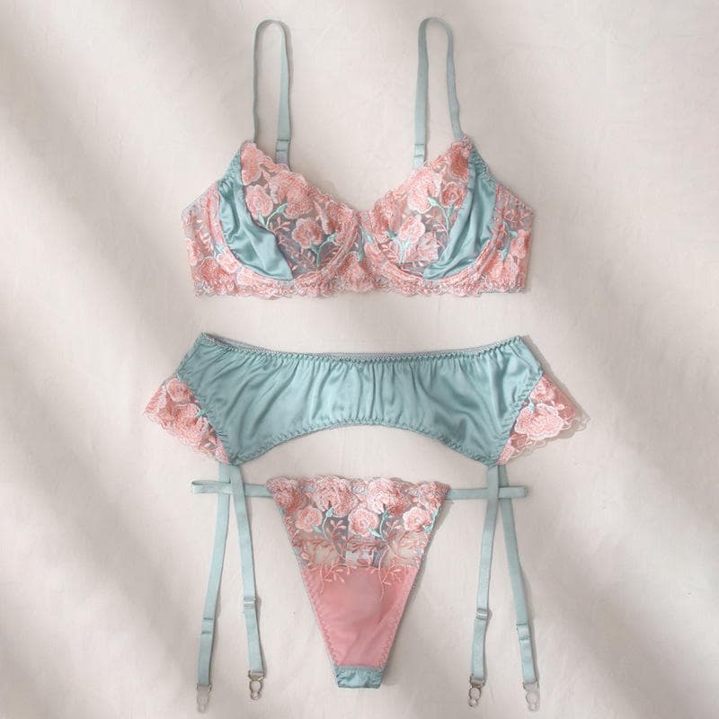 Satin Sexy Lingerie Set Wholesale Flower Embroidered Lingerie Custom logo Soft Lingerie Factory Directly
