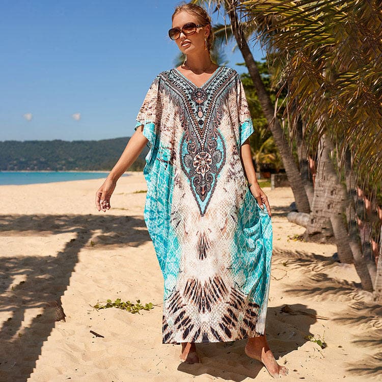 Wholesaler Loose Positioning Printed Vacation Long Dresses Oversize Women Bikini Beach Cover up