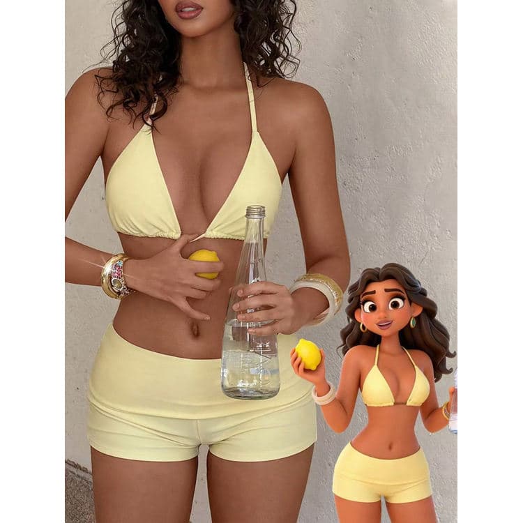2026 New Solid Color Halter Bikini Two Piece Modest Bottoms Swimsuit Vibrant Yellow Vacation Swimwear for Women