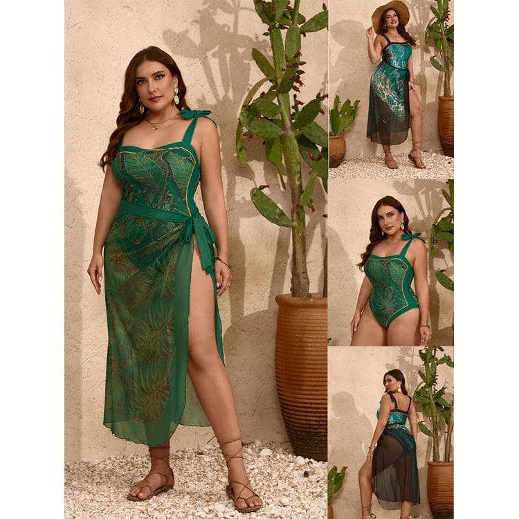 New Women Plus Size Bikini Ink Botanical Print Swimwear Mesh Skirt One Piece Bikini Swimsuit