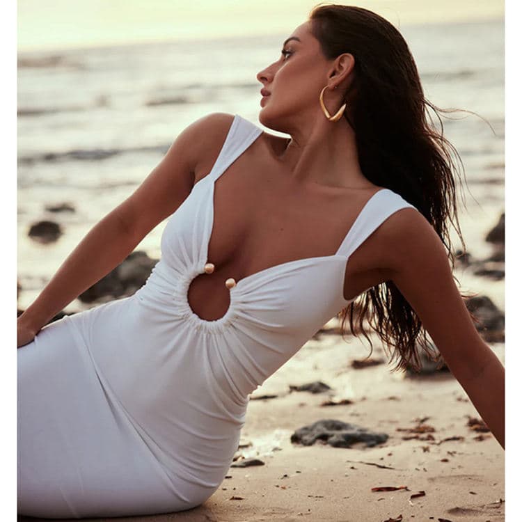 2024 Summer New Sexy V Neck Backless Casual Dress Slit Slim Bodycon Dress Wholesale Women Metal Ring Beach Dress
