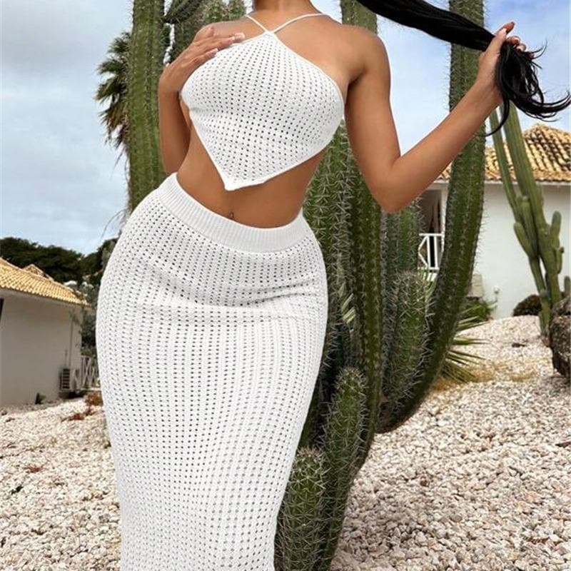 New Irregular Sexy Knitted Skirt Set Suspended Tank Top Women Elastic Wrapped Hip Skirt Set