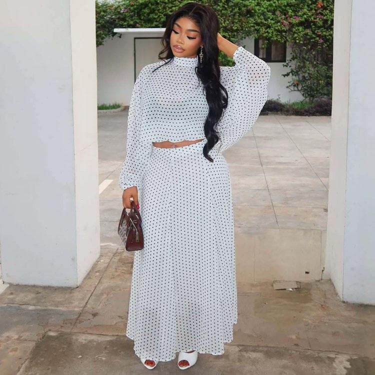 Wenshuo Polka Dot Long Sleeve Dress Wholesale Cut Waist Maxi Dress Custom logo Casual Dress Set Factory Directly