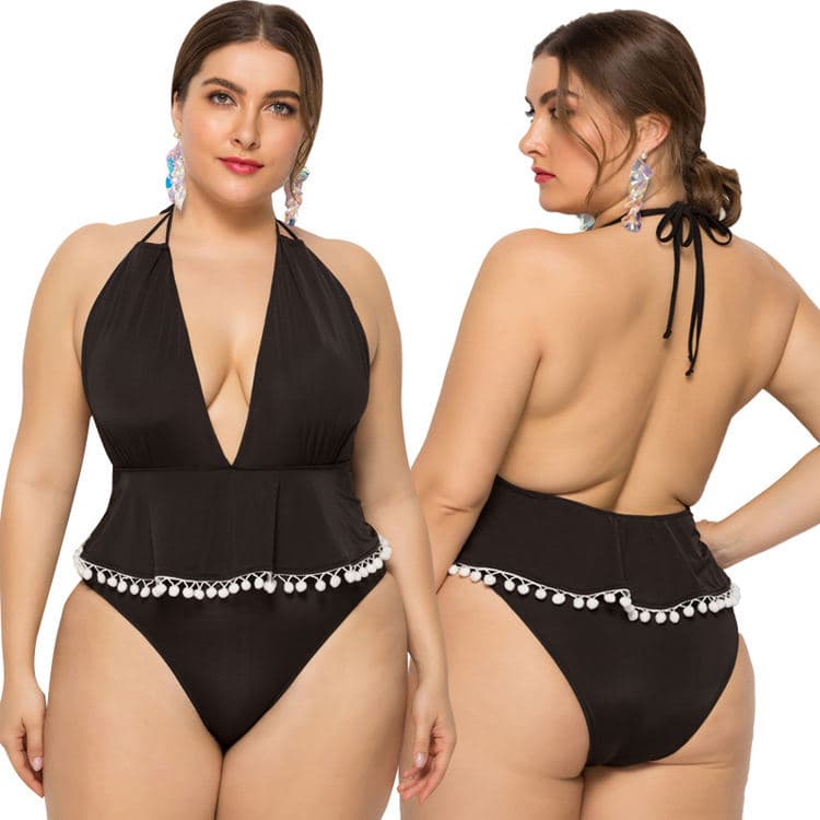 New Large Size Swimsuit One Piece Bikini Skirt Print Swimsuit Backless Black Hanging Neck Backless Plus Size Solid Color Beachwe