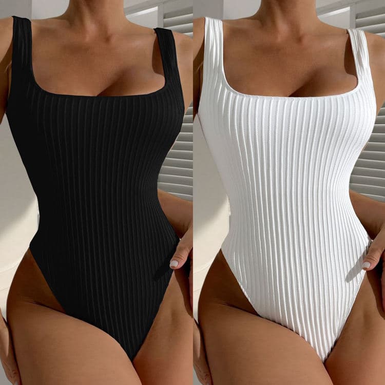 Solid Color One Piece Black White 2 Color Mini square Neck Bikini High Cut One Piece Swimsuit&beachwear