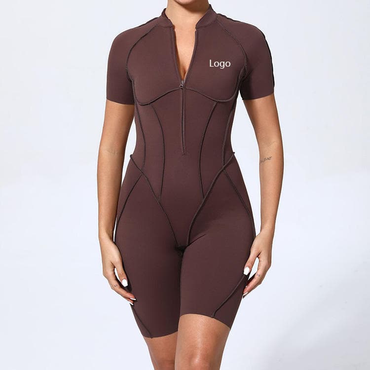 Fashion Outline Designed Activewear Short Sleeves Zipper One Piece Fitness Wear Women Yoga Shorts Jumpsuit