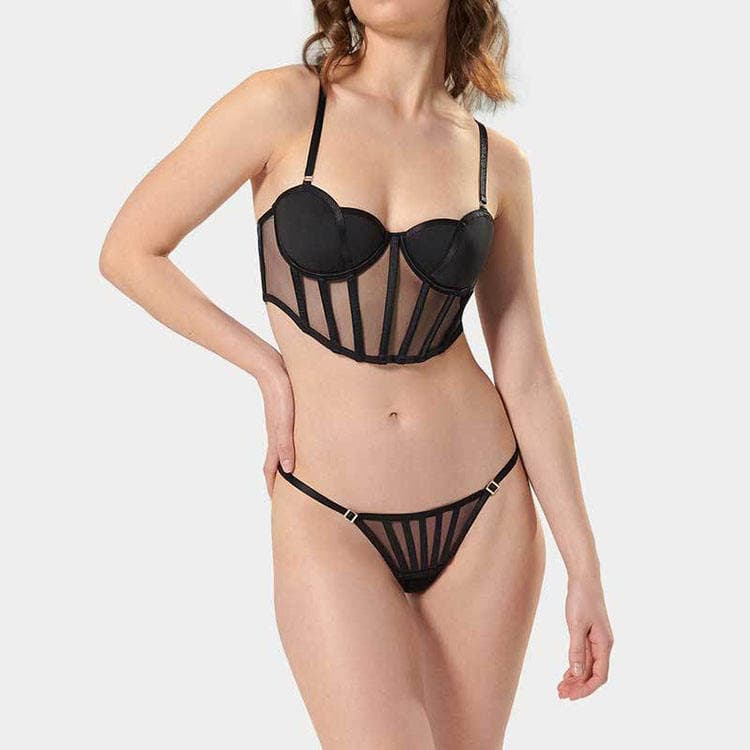 Mesh Fishbone Bra Women Camisole Outwear Corset With Pad Bra and Thong Set Sexy Underwear