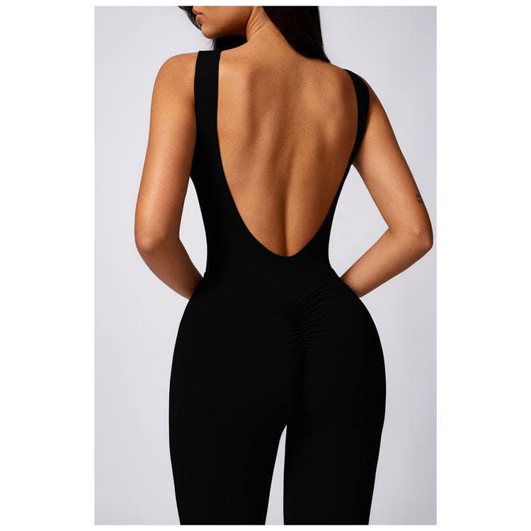 Classic Solid Color Hip Lifting Women Sports Yoga Jumpsuit Casual Flared Sexy Big Backless Yoga Wear