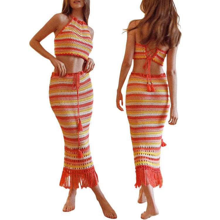 New Striped Crop Top Sexy Bandage Hip Hugging Fringe Skirt Knit Set