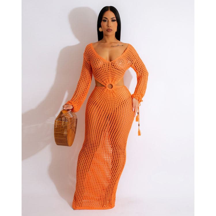 New Solid Color Dresses Sexy Hollow Out Knit Dresses Deep V Beach Bikini Cover Ups