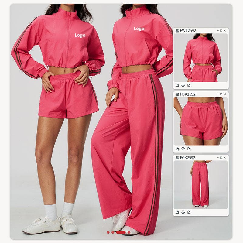 Contrast Striped Women Tracksuit Stand Collar Drawstring Top and Wide Leg Pants 100% Polyester Quick Dry Yoga Workout Set
