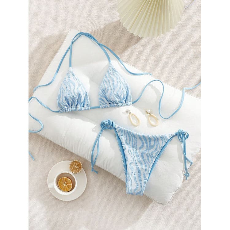 2026 New Special Fabric Strap Bikini Set with Water Pattern Printed Swimsuit for Women