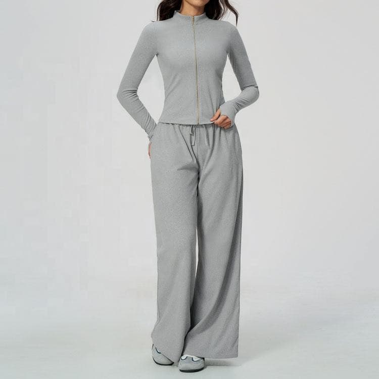 2026 Fall Winter Stand Collar Zip up Jacket and Straight Wide Leg Pants Women Workout Set