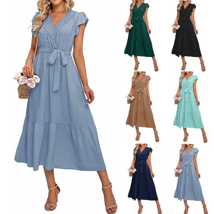 Wholesale Summer Women Solid Color Dress V-neck Polka Dot Lace Dress